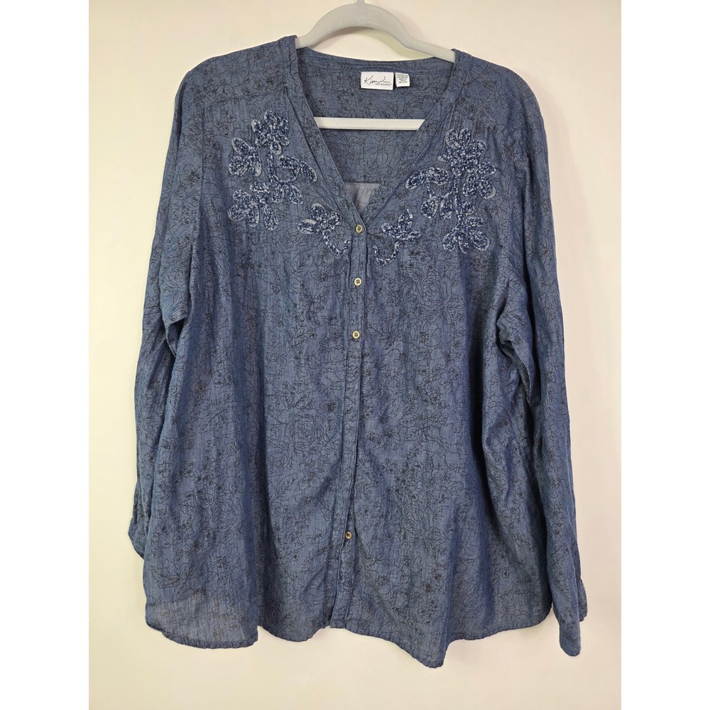 Kim Rogers Woman 3X Chambray Top Blue Floral Embroidered Cotton Blouse Casual